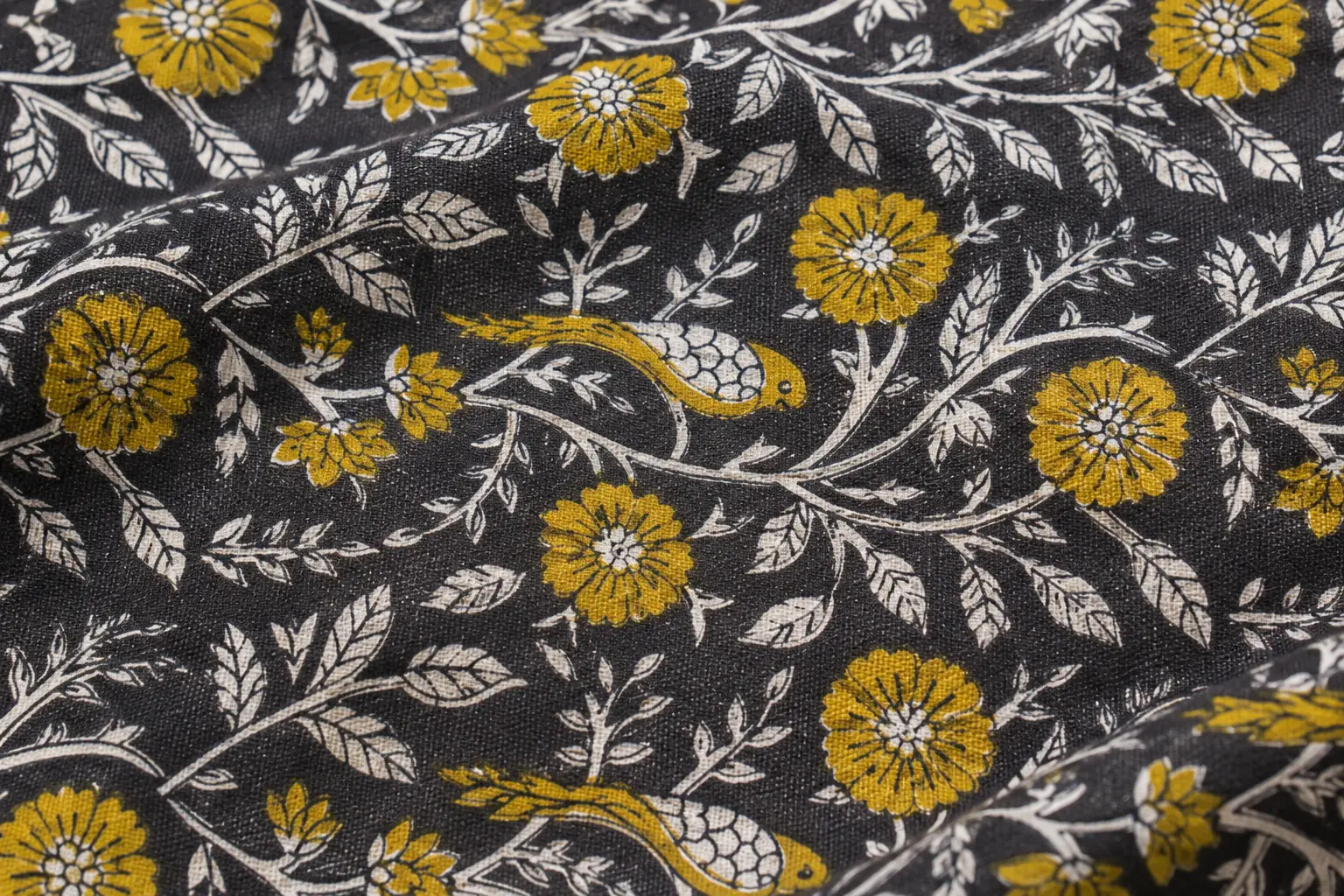 Royal Mustard Floral Hand Block Print Fabric A - Image 3
