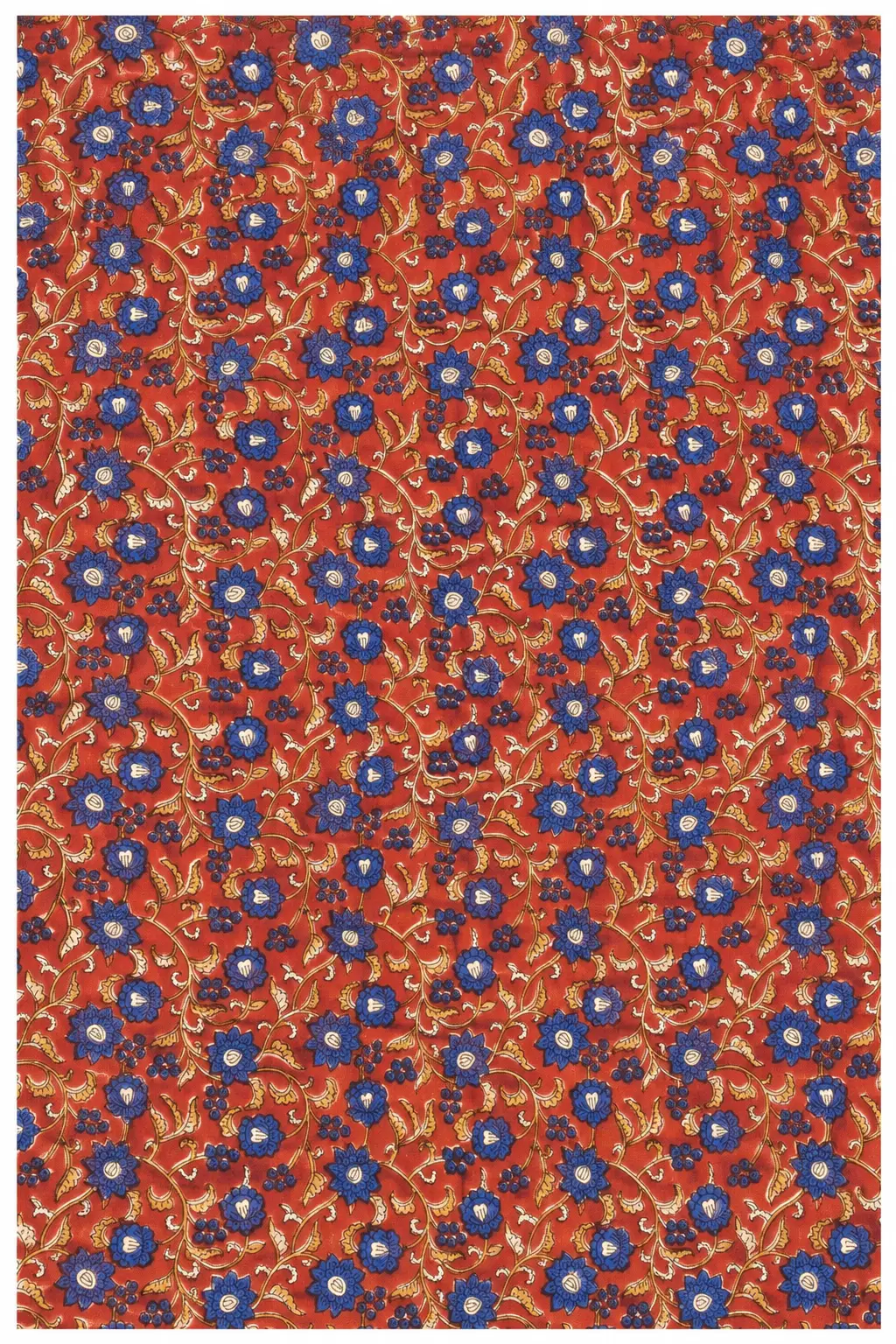 Mustard Brown Floral Hand Block Printed 60s×60s Cotton Fabric with Royal Blue Flowers A