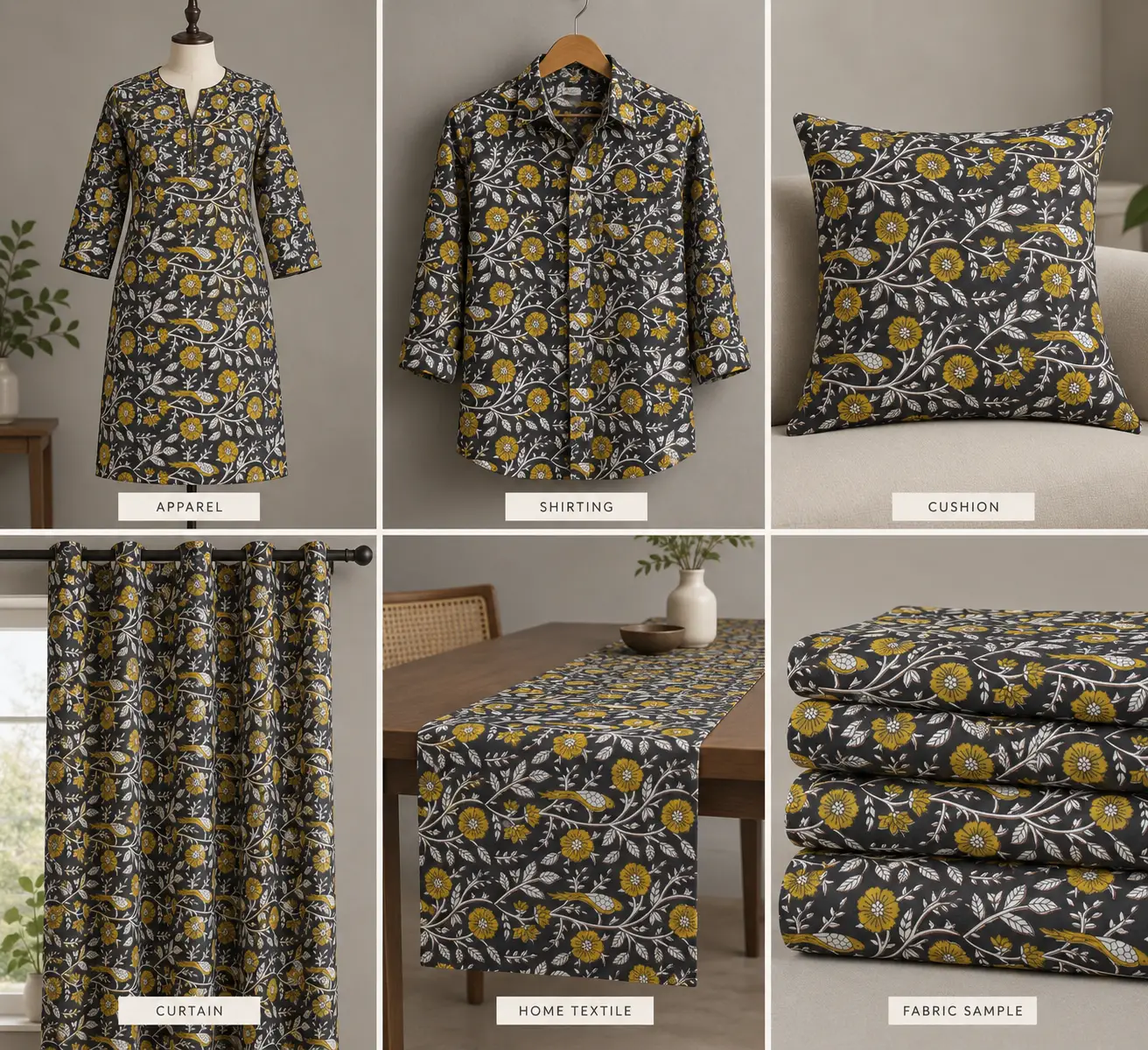 Royal Mustard Floral Hand Block Print Fabric A - Image 6