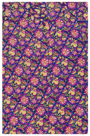 Royal Blue Floral Hand Block Printed Cotton Fabric with Pink & Yellow Botanical Motifs A