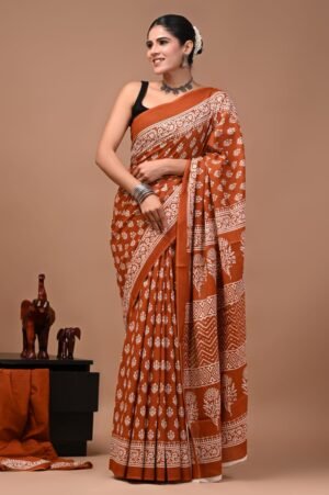 Bagru Hand Block Printed Rust Orange Floral & Geometric Mulmul Cotton Saree With Running Blouse W
