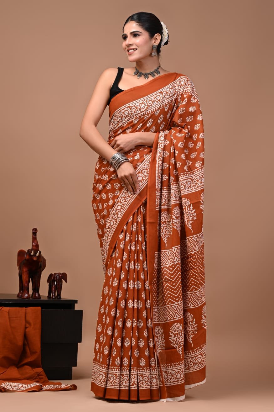 Bagru Hand Block Printed Rust Orange Floral & Geometric Mulmul Cotton Saree With Running Blouse W