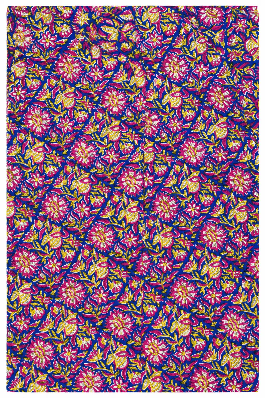 Royal Blue Floral Hand Block Printed Cotton Fabric with Pink & Yellow Botanical Motifs A