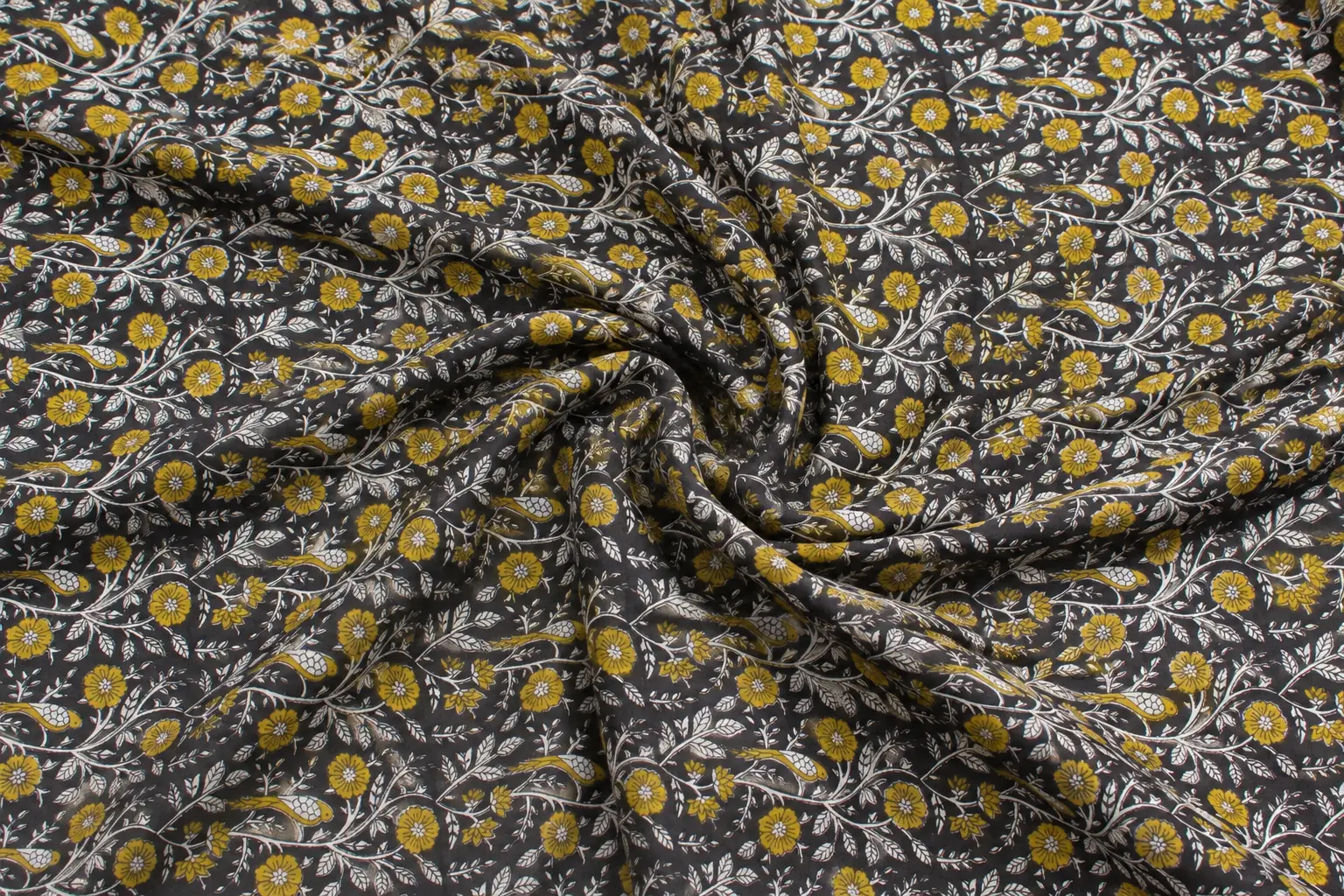 Royal Mustard Floral Hand Block Print Fabric A - Image 2
