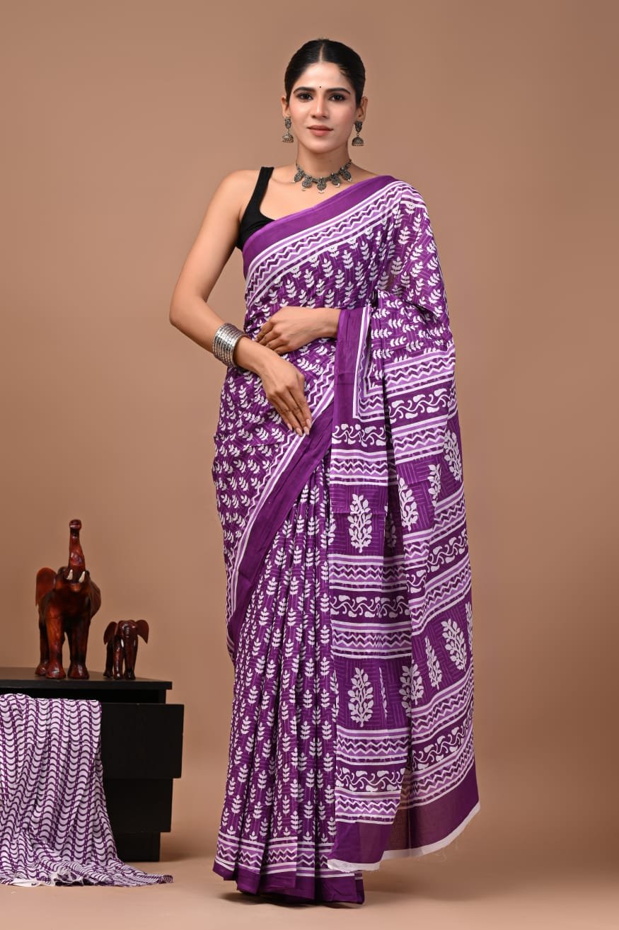 Bagru Hand Block Printed Purple Mulmul Cotton Saree With Running Blouse W