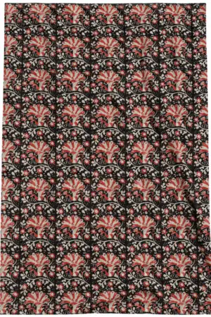 Black Peacock & Floral Hand Block Printed 60×60 Cotton Fabric A