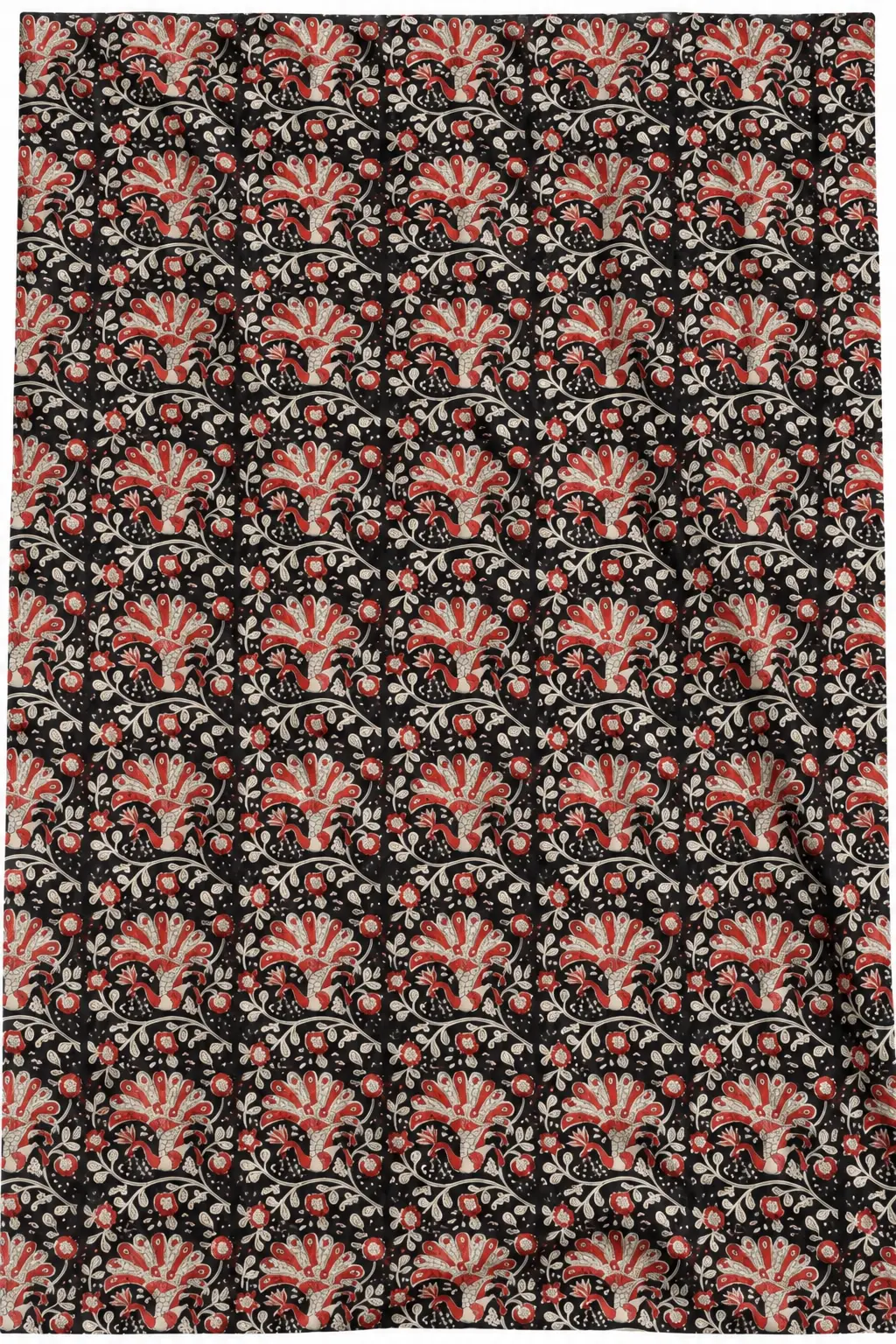 Black Peacock & Floral Hand Block Printed 60×60 Cotton Fabric A