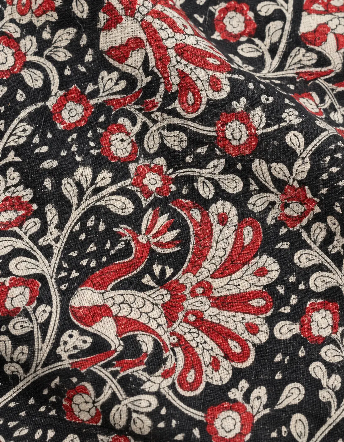 Black Peacock & Floral Hand Block Printed 60×60 Cotton Fabric A - Image 2
