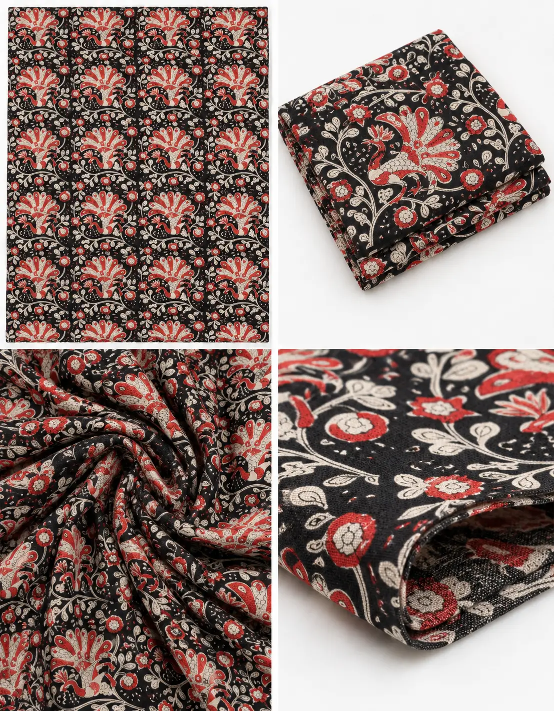 Black Peacock & Floral Hand Block Printed 60×60 Cotton Fabric A - Image 3