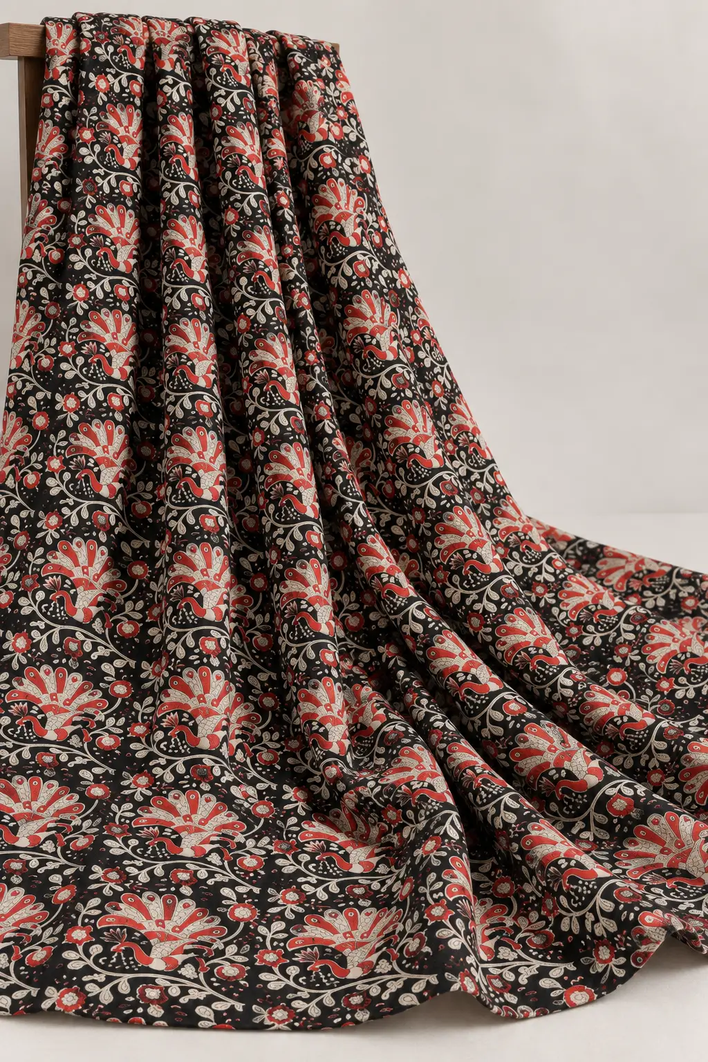 Black Peacock & Floral Hand Block Printed 60×60 Cotton Fabric A - Image 4