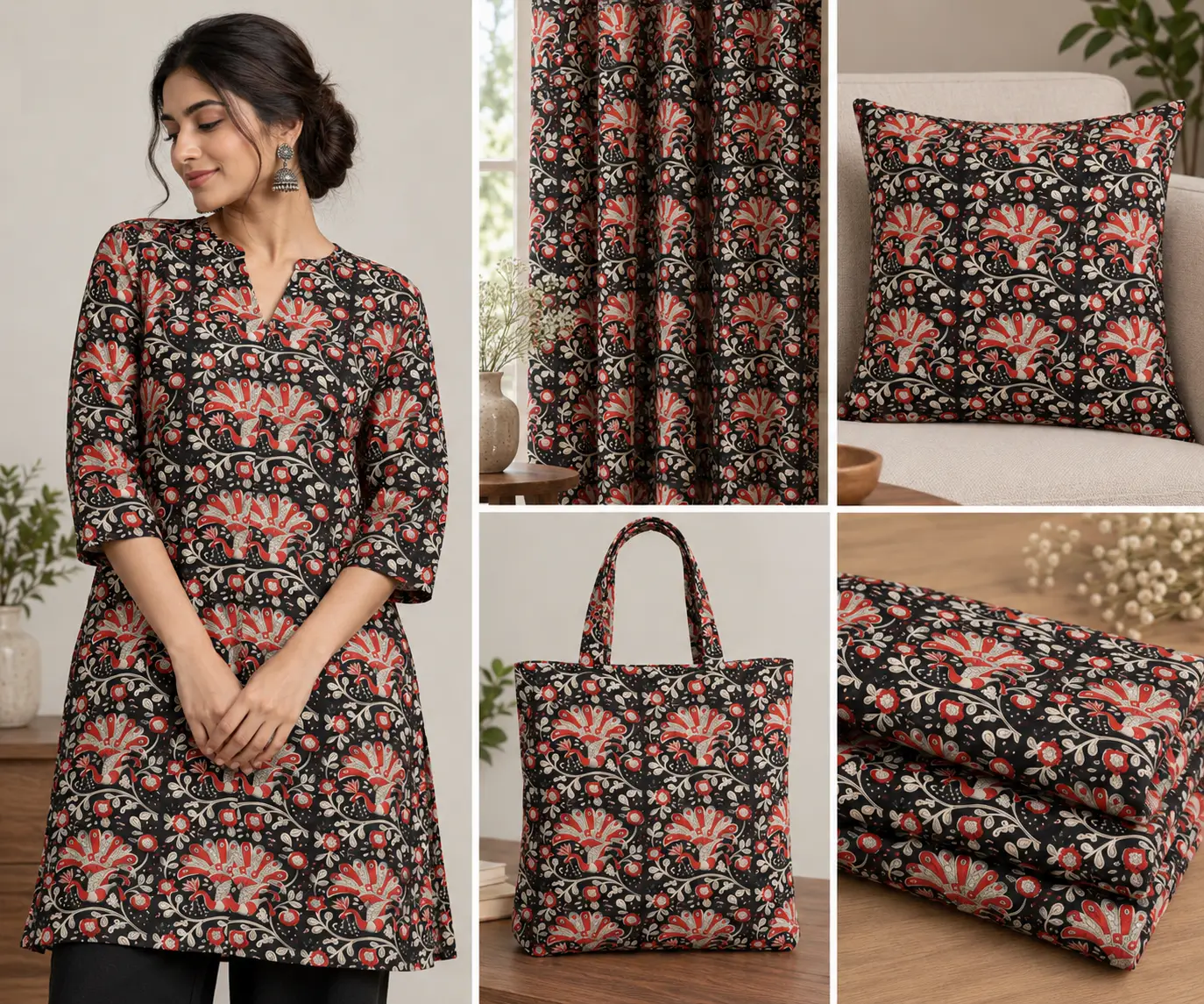 Black Peacock & Floral Hand Block Printed 60×60 Cotton Fabric A - Image 5