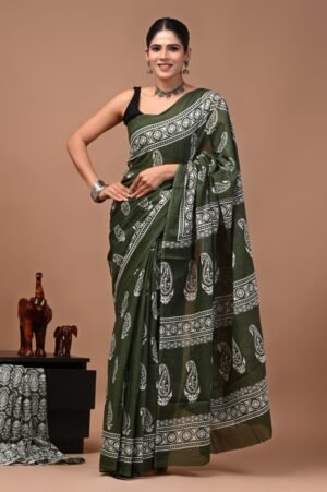 Olive Green Bagru Hand Block Printed Cotton Saree W
