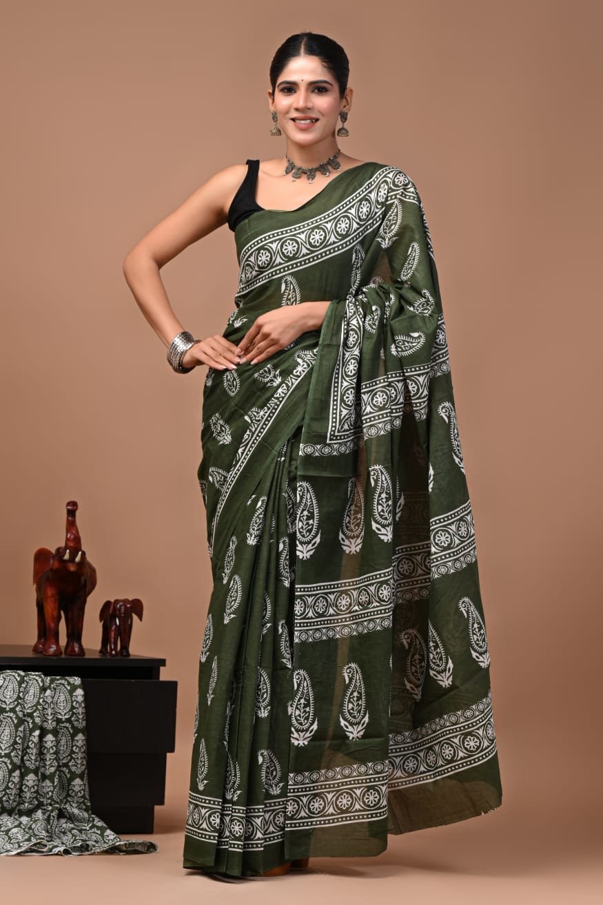 Olive Green Bagru Hand Block Printed Cotton Saree W