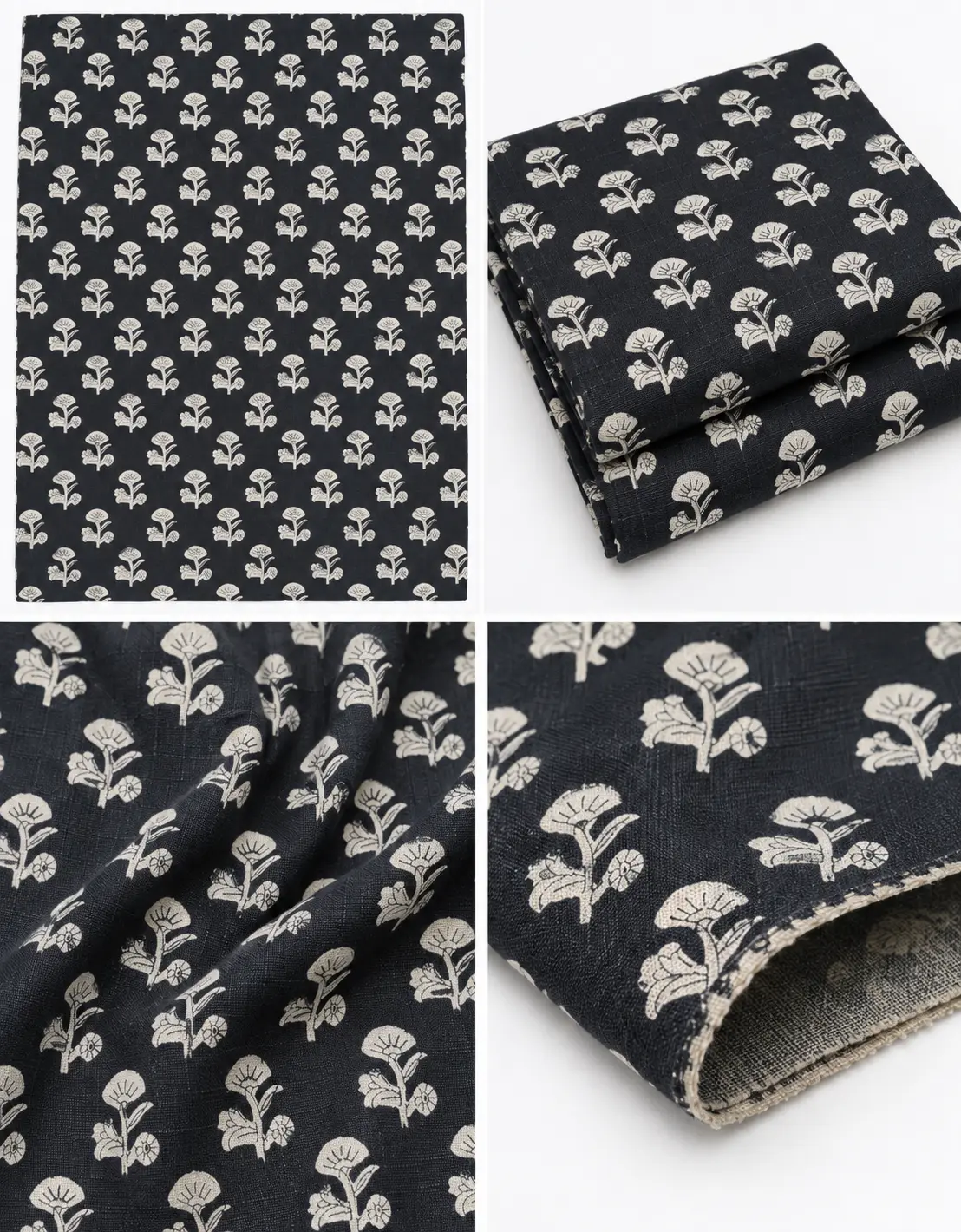 Black Floral Buti Hand Block Printed 60×60 Cotton Fabric A - Image 4