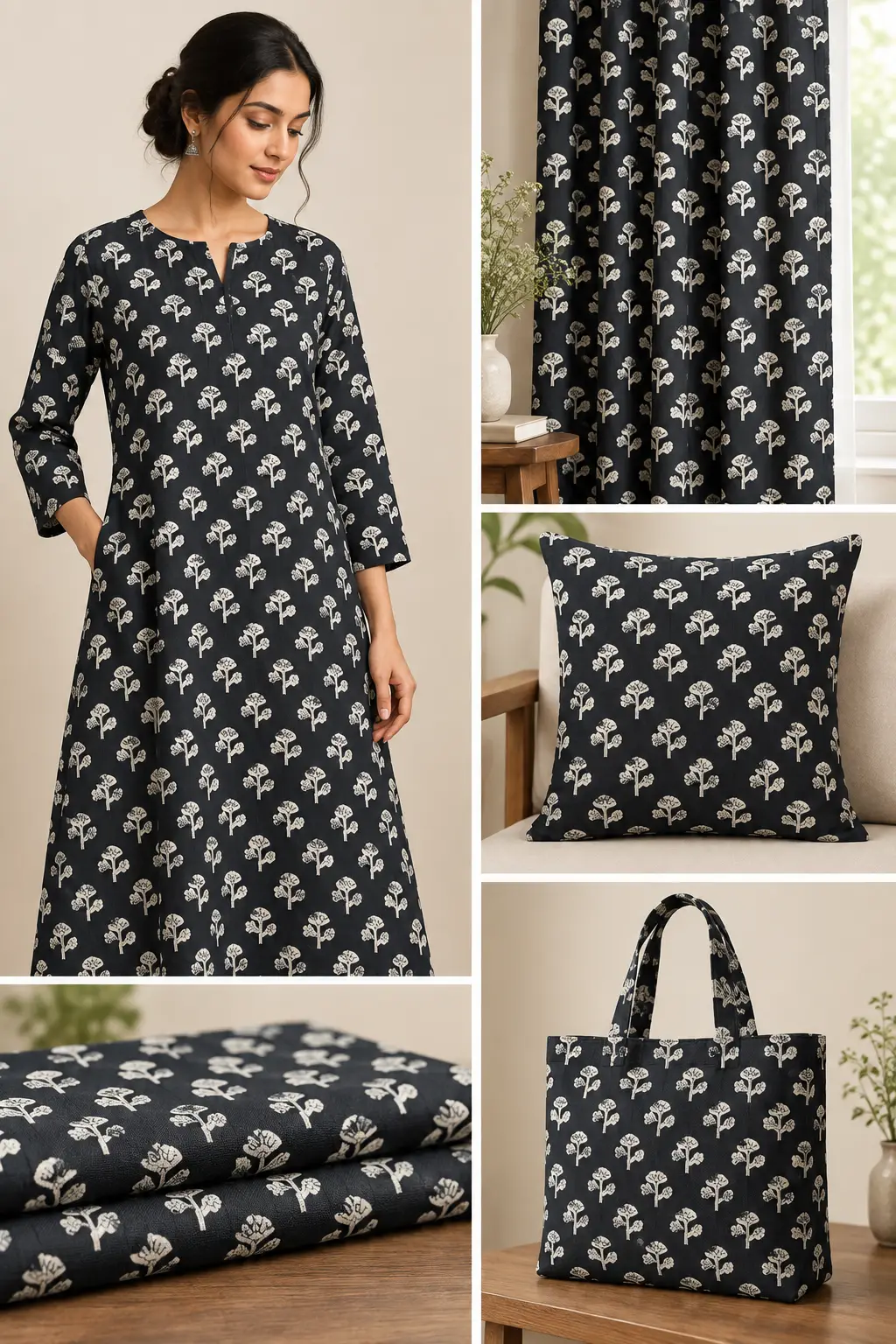 Black Floral Buti Hand Block Printed 60×60 Cotton Fabric A - Image 6