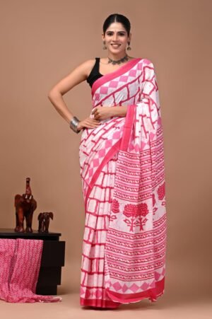 Bagru Hand Block Printed Pink & White Geometric Floral Mulmul Cotton Saree With Running Blouse w