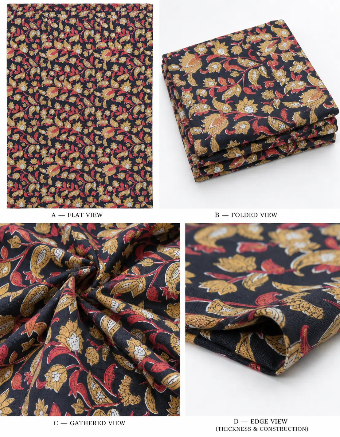 Navy Blue Floral & Paisley Hand Block Printed 60×60 Cotton Fabric A - Image 4