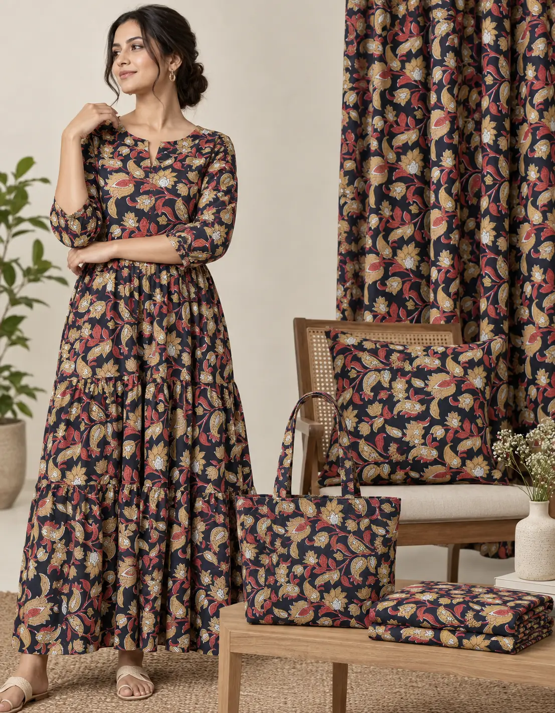Navy Blue Floral & Paisley Hand Block Printed 60×60 Cotton Fabric A - Image 6