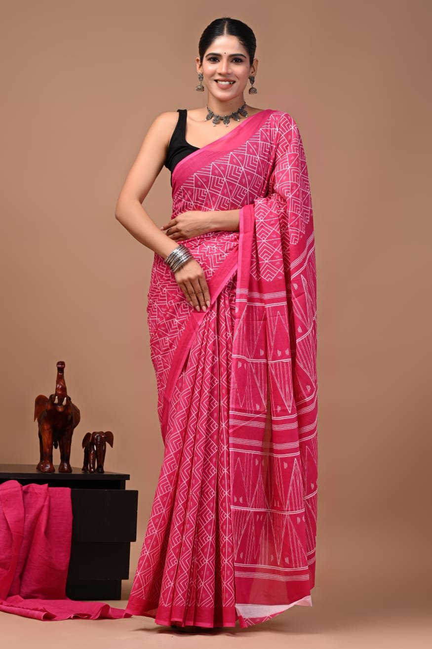 Bagru Hand Block Printed Rani Pink Geometric Mulmul Cotton Saree With Running Blouse W