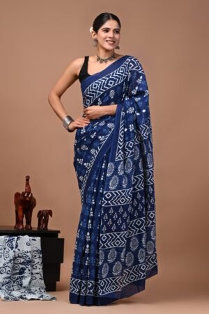 Bagru Hand Block Printed Navy Blue Floral & Geometric Mulmul Cotton Saree With Running Blouse W
