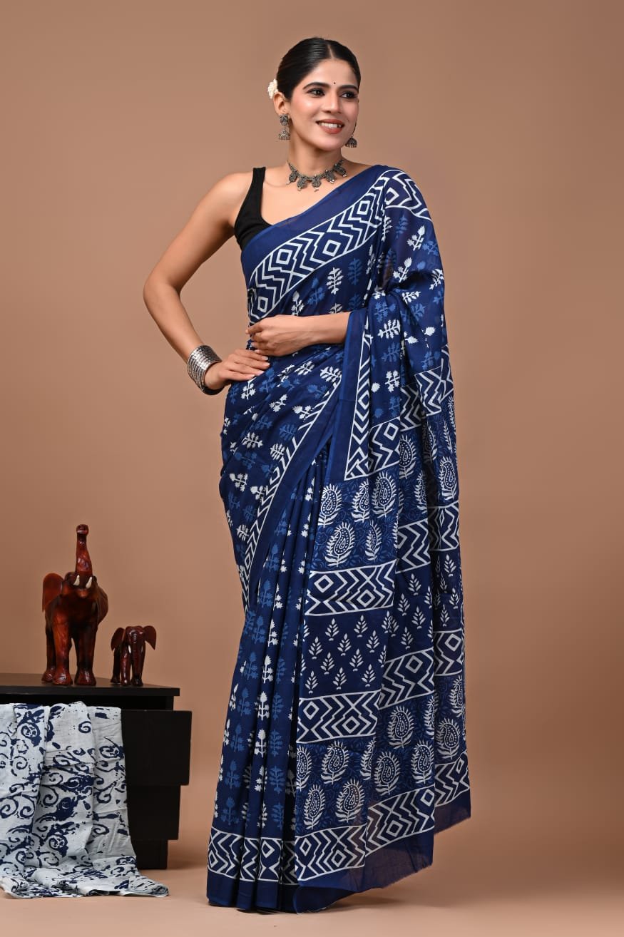 Bagru Hand Block Printed Navy Blue Floral & Geometric Mulmul Cotton Saree With Running Blouse W