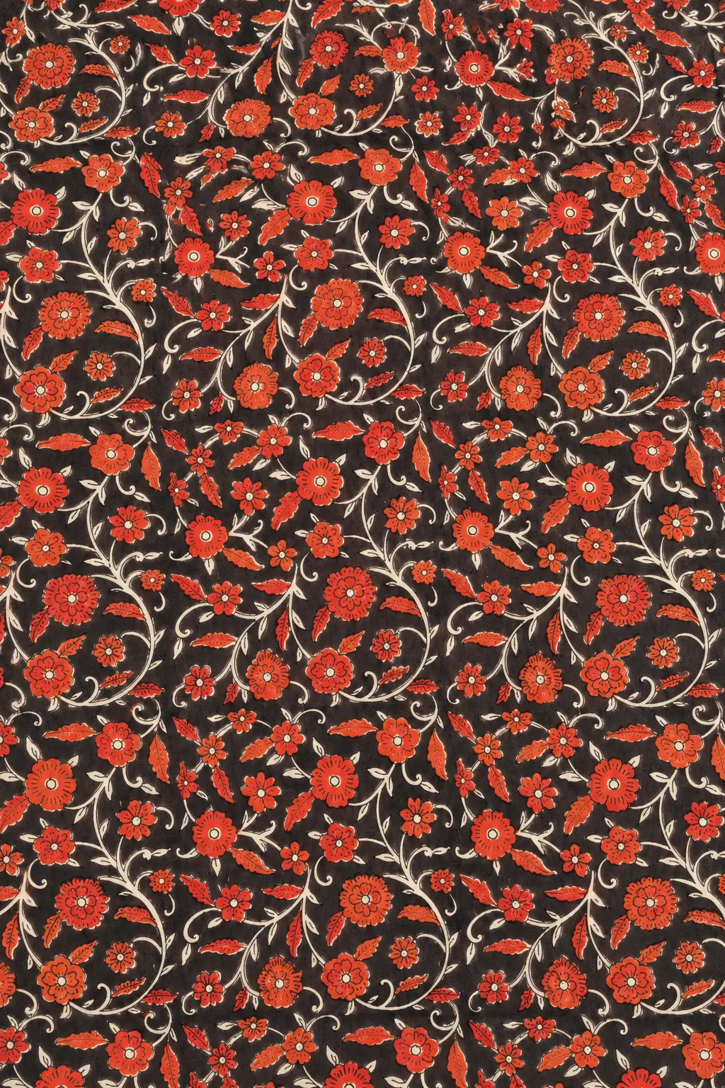 Black & Rust Red Floral Vine Hand Block Printed 60s×60s Cotton Fabric A