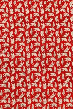 Red Tiger Motif Hand Block Printed 60s×60s Cotton Fabric A