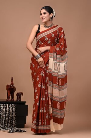 Bagru Hand Block Printed Rust Orange Paisley & Floral Mulmul Cotton Saree With Running Blouse W