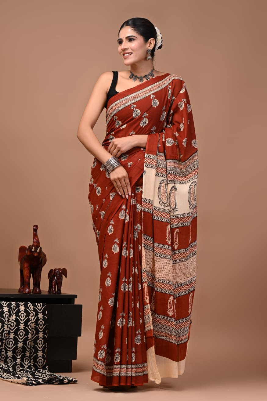 Bagru Hand Block Printed Rust Orange Paisley & Floral Mulmul Cotton Saree With Running Blouse W
