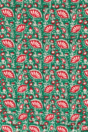 Emerald Green Floral & Paisley Hand Block Printed 60s×60s Cotton Fabric A