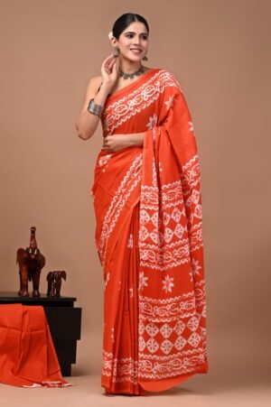 Bagru Hand Block Printed Orange & White Floral Geometric Mulmul Cotton Saree With Running Blouse W
