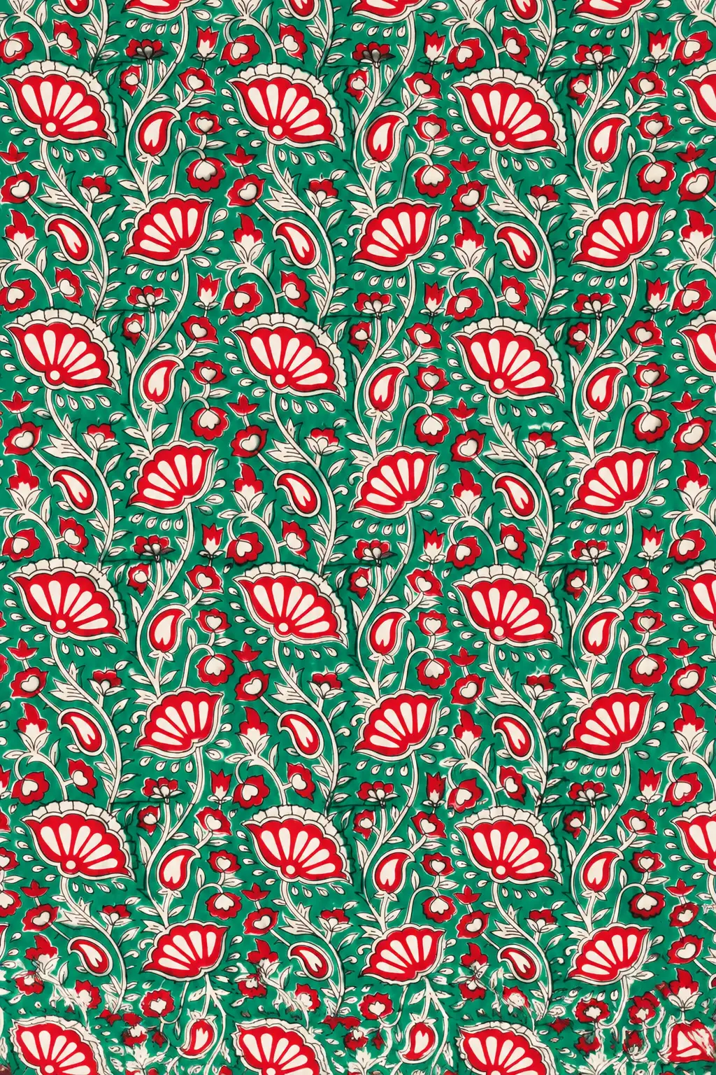 Emerald Green Floral & Paisley Hand Block Printed 60s×60s Cotton Fabric A