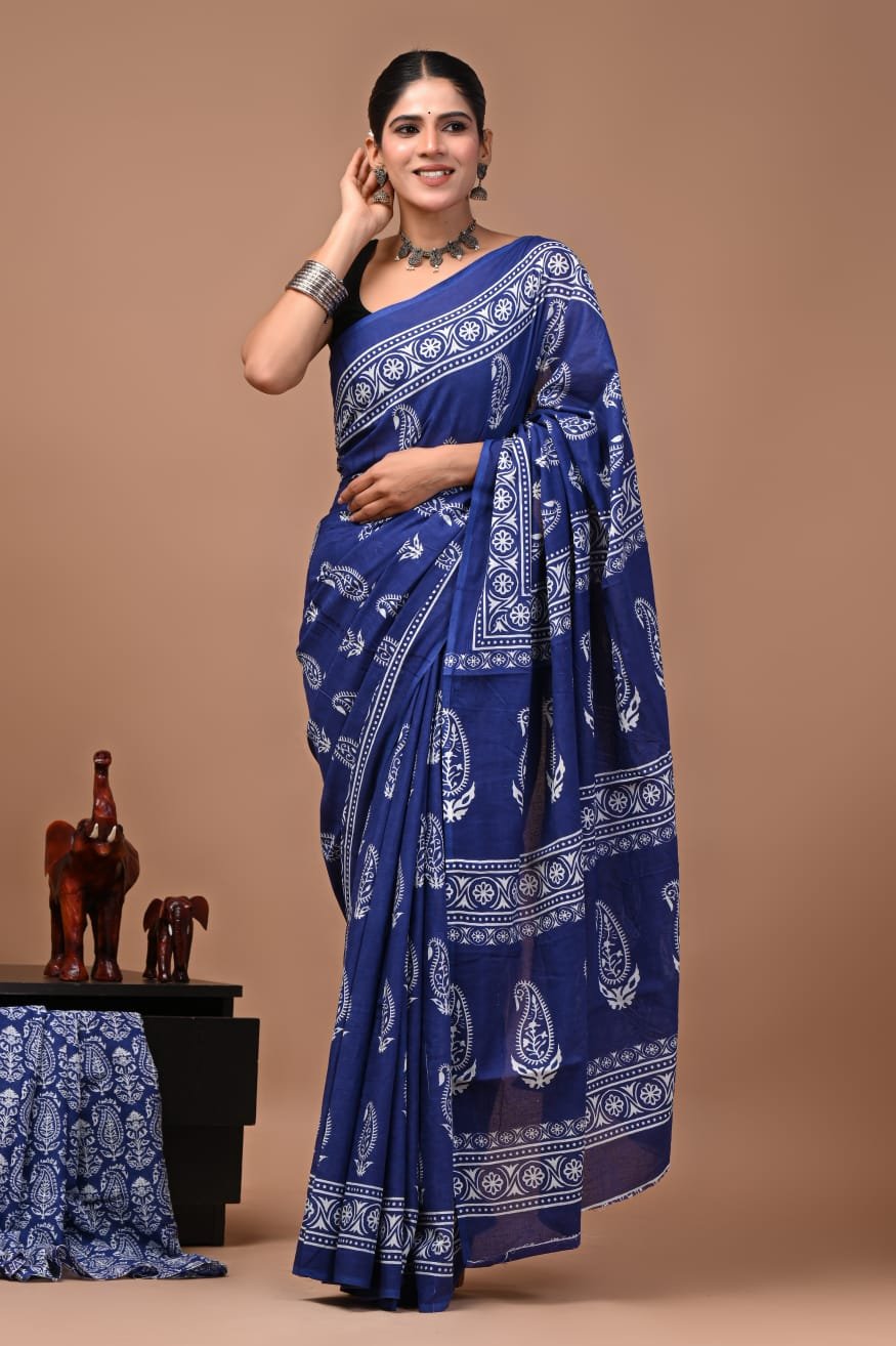 Bagru Hand Block Printed Royal Blue Floral & Paisley Mulmul Cotton Saree With Running Blouse W
