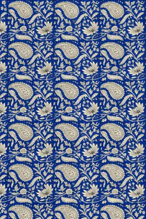 Royal Blue Paisley & Floral Hand Block Printed 60s×60s Cotton Fabric A