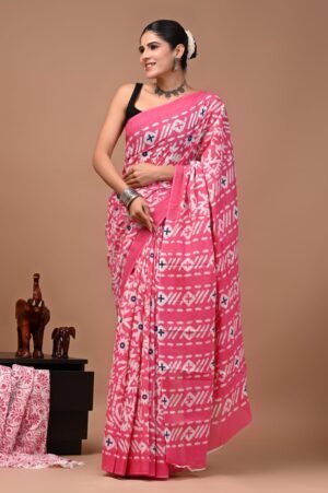 Bagru Hand Block Printed Pink Floral & Geometric Mulmul Cotton Saree With Running Blouse W