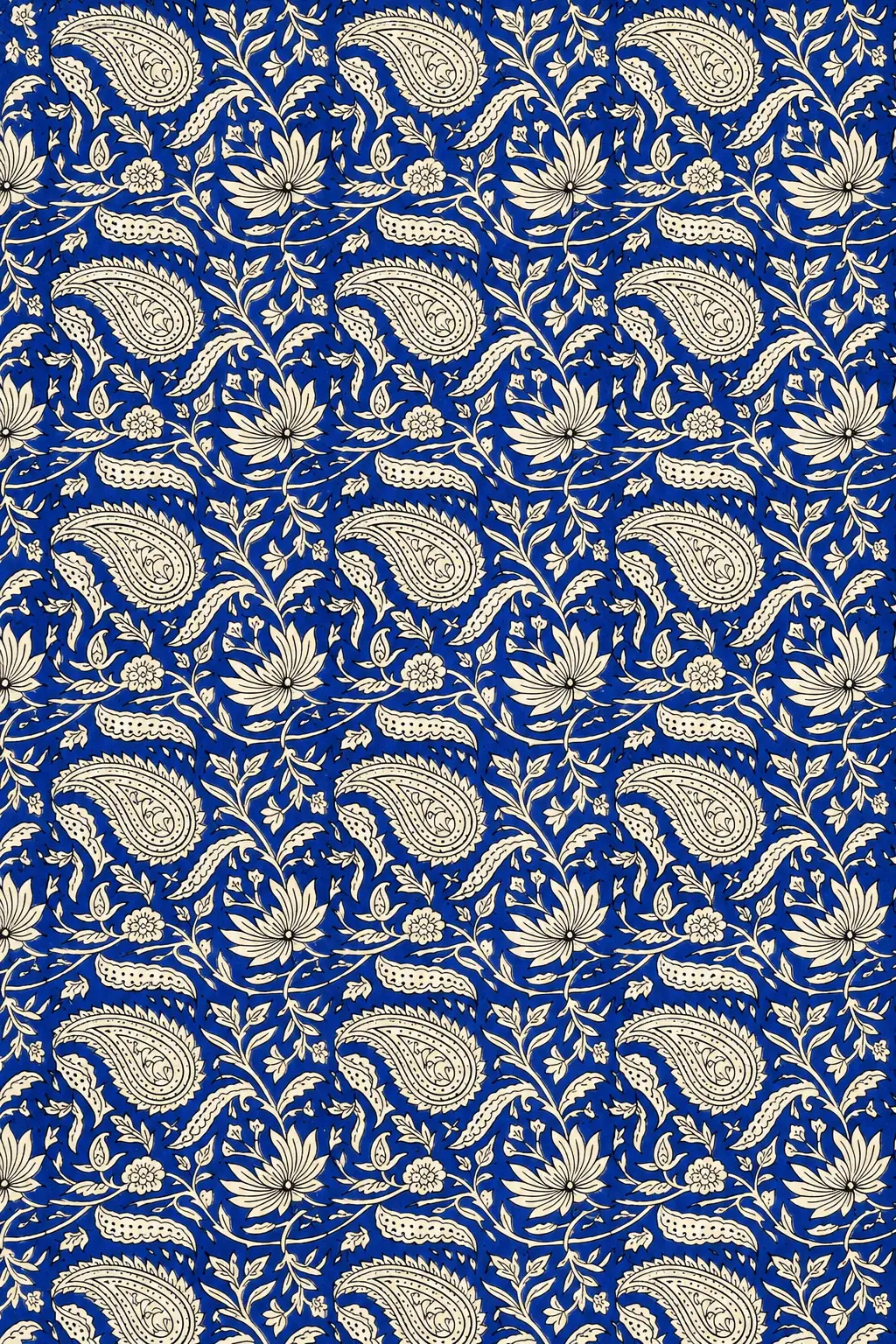 Royal Blue Paisley & Floral Hand Block Printed 60s×60s Cotton Fabric A