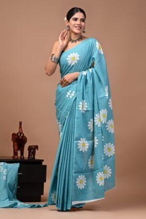Bagru Hand Block Printed Sky Blue Floral Mulmul Cotton Saree With Running Blouse W