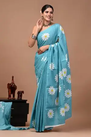 Bagru Hand Block Printed Sky Blue Floral Mulmul Cotton Saree With Running Blouse W