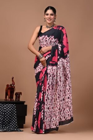 Bagru Hand Block Printed Black & Pink Mulmul Cotton Saree With Running Blouse W