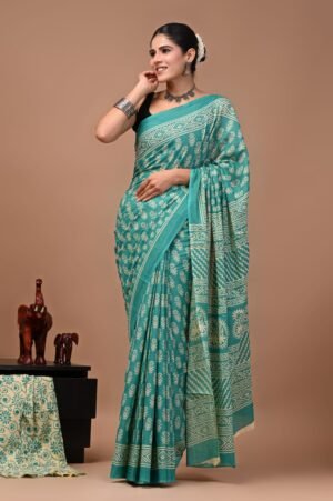Bagru Hand Block Printed Teal Green Floral & Geometric Mulmul Cotton Saree With Running Blouse W