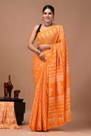 Bagru Hand Block Printed Orange Floral & Geometric Mulmul Cotton Saree With Running Blouse W