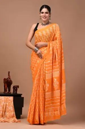 Bagru Hand Block Printed Orange Floral & Geometric Mulmul Cotton Saree With Running Blouse W