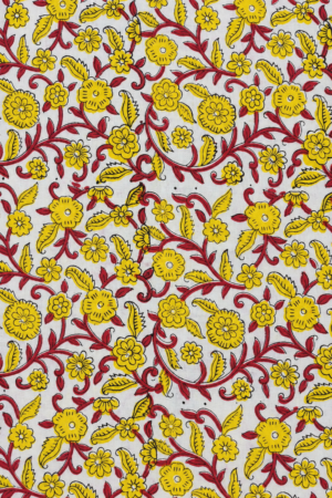 White Yellow Floral Vine 60:60 Hand Block Printed Cotton Fabric A