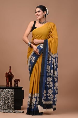Bagru Hand Block Printed Mustard Yellow & Navy Blue Floral Mulmul Cotton Saree With Running Blouse W