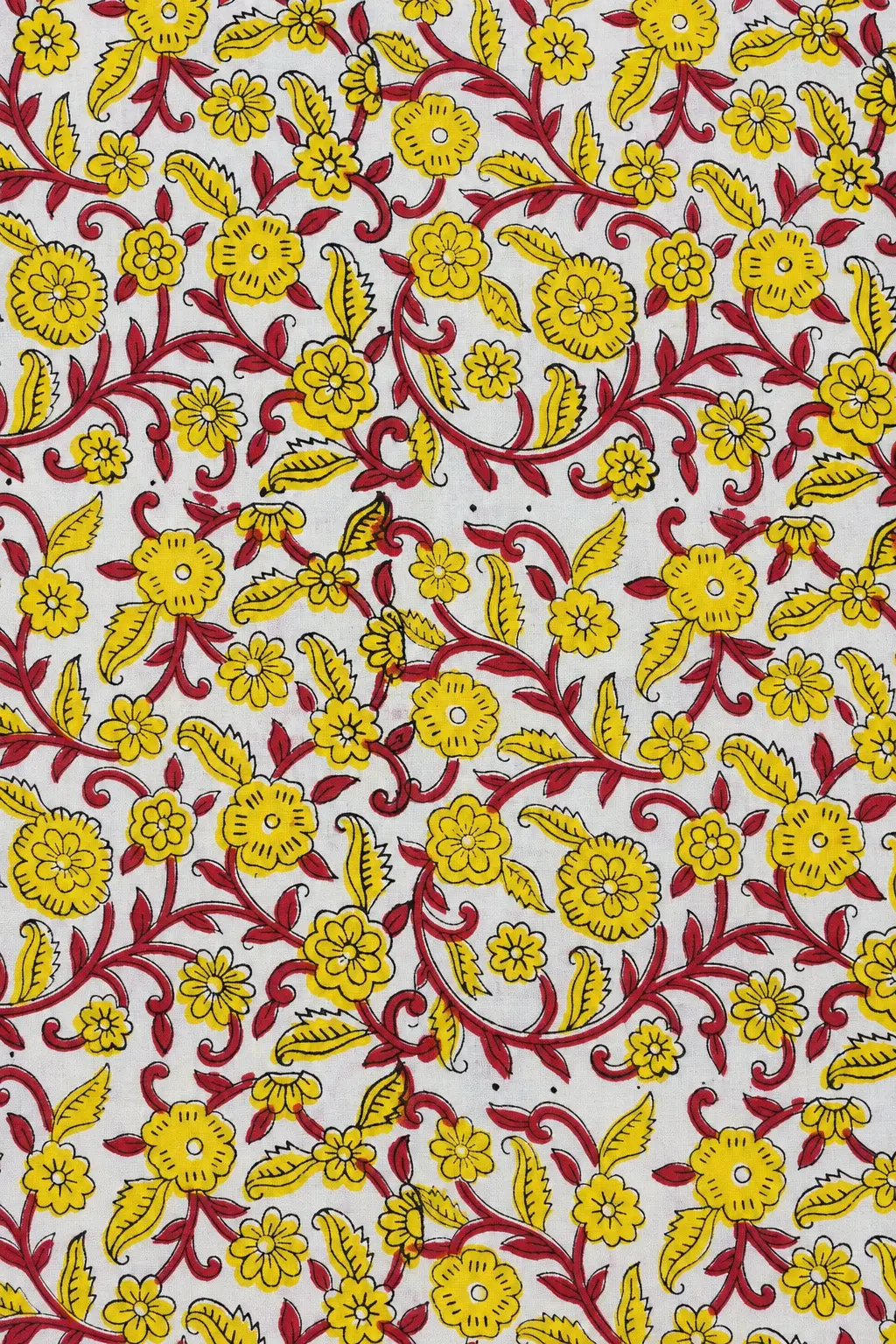 White Yellow Floral Vine 60:60 Hand Block Printed Cotton Fabric A