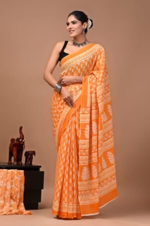 Bagru Hand Block Printed Orange Floral & Geometric Mulmul Cotton Saree With Running Blouse W