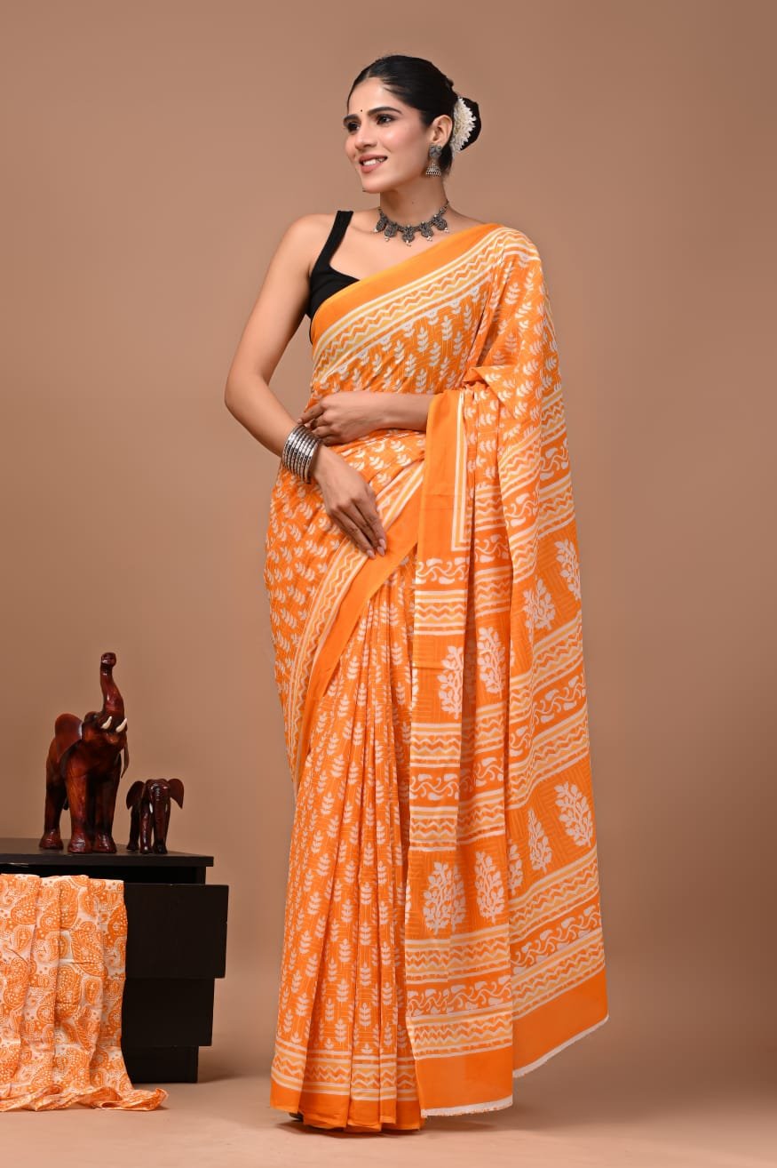 Bagru Hand Block Printed Orange Floral & Geometric Mulmul Cotton Saree With Running Blouse W