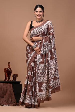 Bagru Hand Block Printed Chocolate Brown Floral & Geometric Mulmul Cotton Saree With Running Blouse W