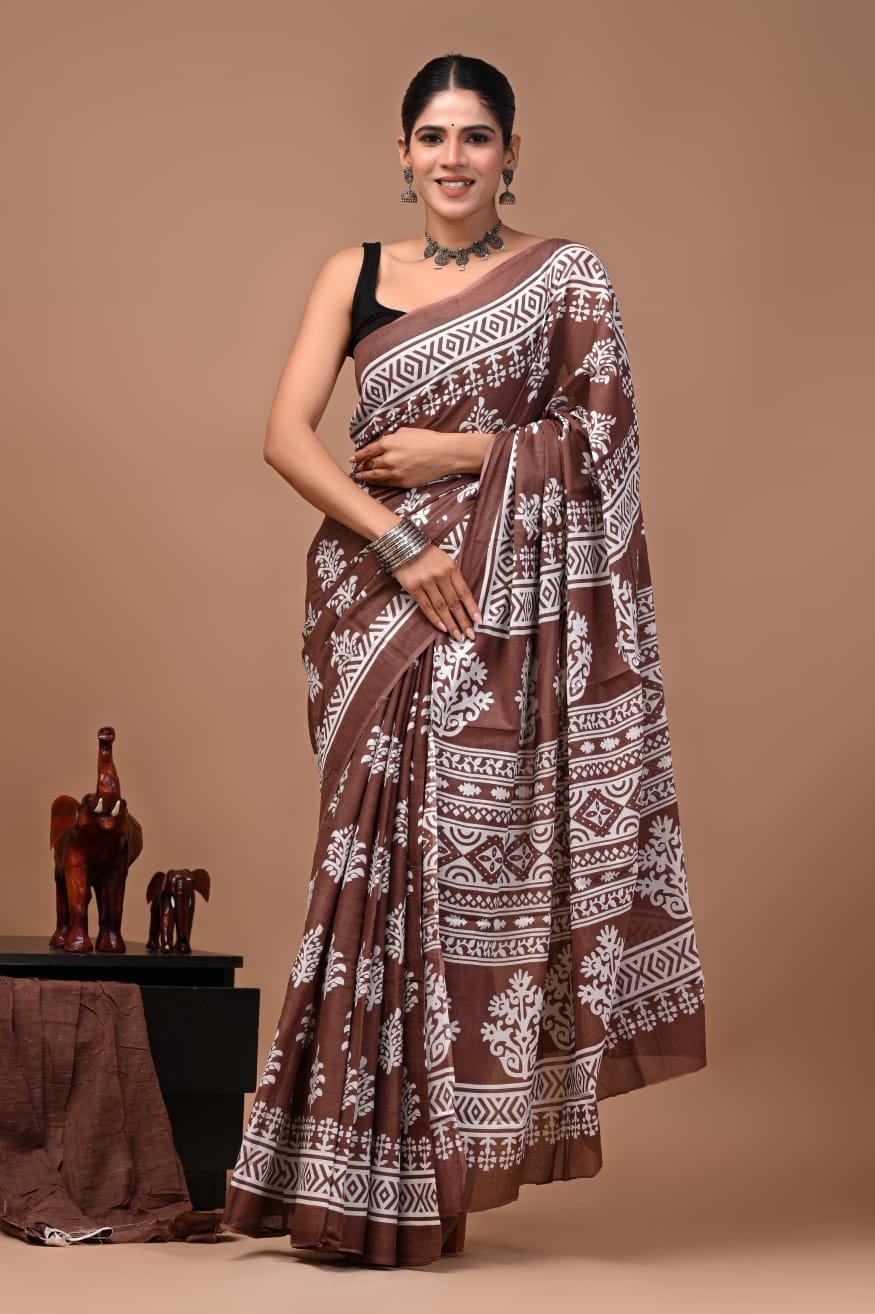 Bagru Hand Block Printed Chocolate Brown Floral & Geometric Mulmul Cotton Saree With Running Blouse W