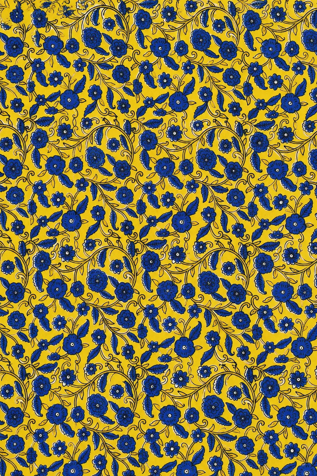 Mustard Yellow Blue Floral Vine 60:60 Cotton Fabric A